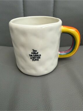 SET OF FOUR - Ceramic White Mugs with Rainbow Handle